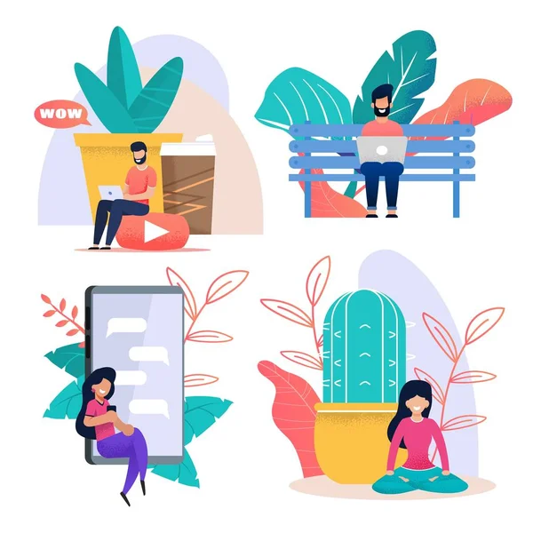 Freelancer Trabalho e Descanso Plano Cartoon Metaphor Set — Vetor de Stock