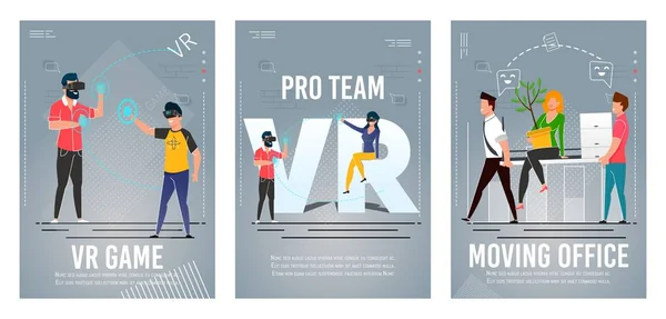 Gra VR, Pro Team, Moving Office płaski plakat zestaw — Wektor stockowy
