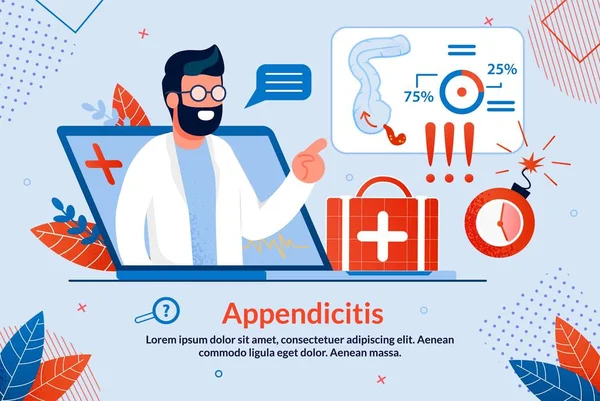 Heldere flyer inscriptie appendicitis cartoon. — Stockvector