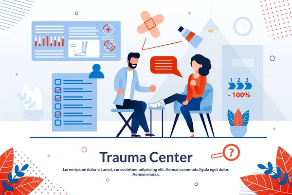 Informatieve poster trauma Center belettering plat. — Stockvector