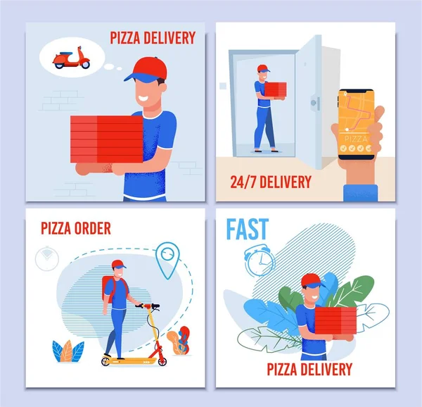 Round the Clock Pizza Fast Delivery Service Set — Stock Vector