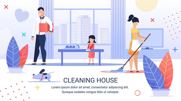 Φωτεινό Φέιγ βολάν επιγραφή καθαρισμός σπίτι, κινούμενα σχέδια. — Διανυσματικό Αρχείο
