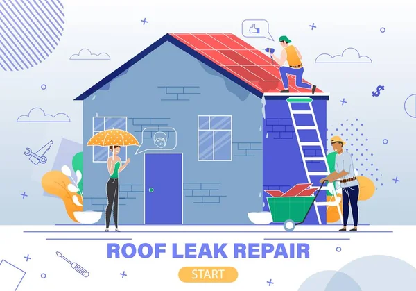 Servizio di riparazione di perdite del tetto Flat Vector Website — Vettoriale Stock