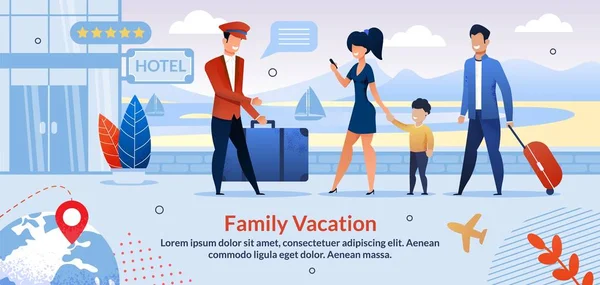 Rodzina na wakacjach Check do hotelu mieszkanie plakat — Wektor stockowy