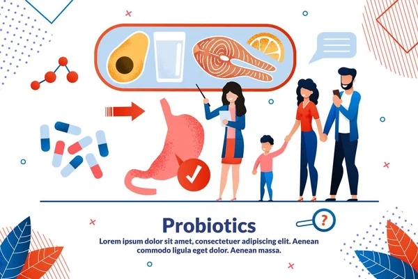 Bannière vectorielle plate de traitement de médicaments de probiotiques — Image vectorielle