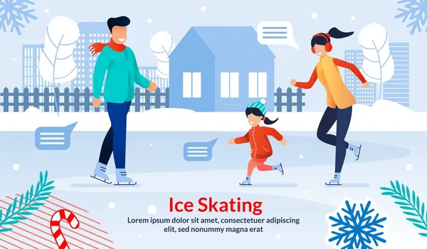 Family Ice Skating Outdoor Flat Vector Banner — Stock Vector