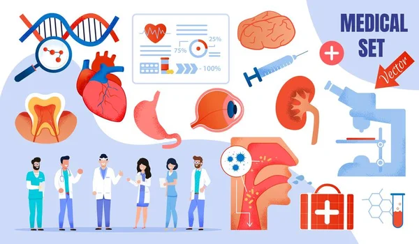 Ensemble de vecteurs plats médicaux de soins de santé avec des médecins — Image vectorielle