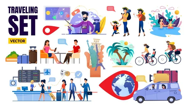 Flat Traveling Set Vector with Happy Tourists — Stock Vector