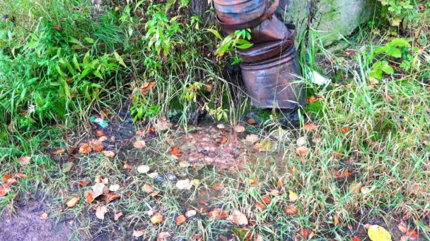 Вода капает в лужу возле ржавой водосточной трубы — стоковое видео