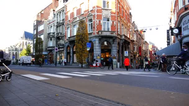 Ludzie przejść wzdłuż i w poprzek ulicy ubrani w stroje jesienno- — Wideo stockowe