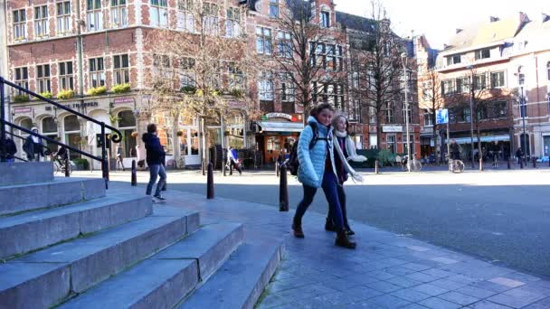 Studenti chlapci a dívky s batohy jsou na náměstí — Stock video