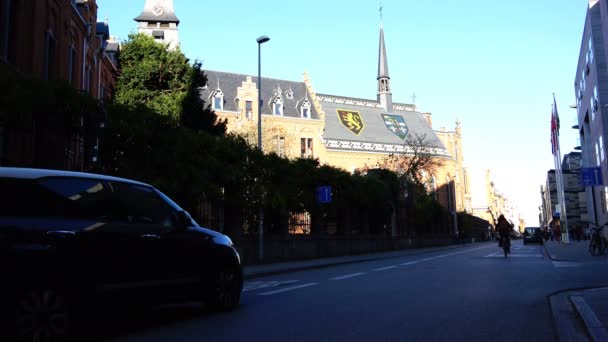 Das Gebäude mit dem Bild zweier Wappen auf dem Dach — Stockvideo