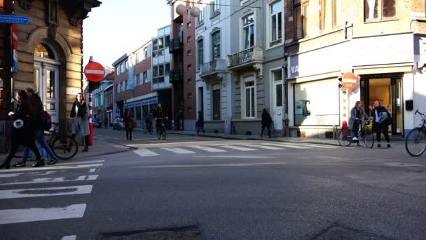 Велосипедисты и пешеходы преследуют пересечение улиц города — стоковое видео