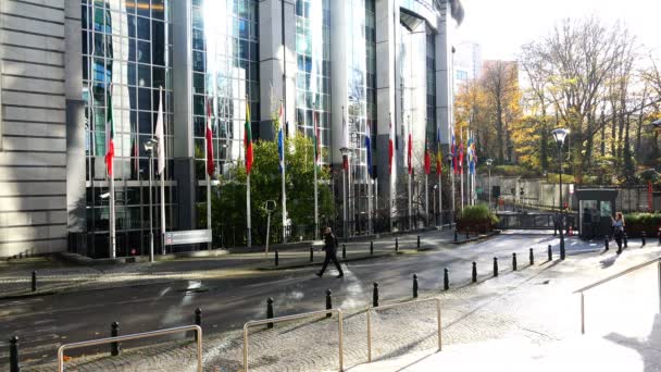 Guardia y turistas fuera del edificio del Parlamento Europeo con banderas de diferentes naciones — Vídeo de stock