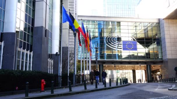 Bandiere dell'Unione europea vicino alla costruzione del Parlamento europeo — Video Stock