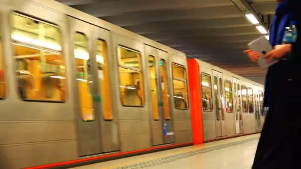 Becerikli alet ile turistler yaklaşıyor metro tren yaklaşım — Stok video