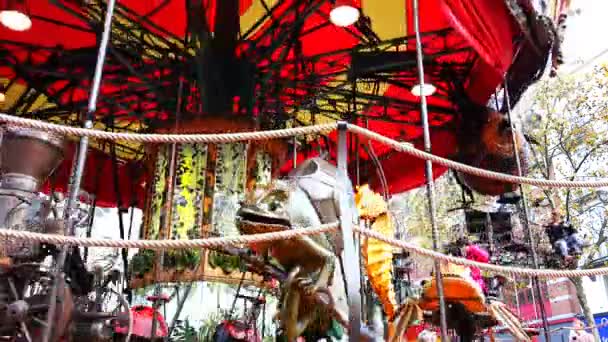 The girl turns on the carousel sitting on fairy animals — Stock Video