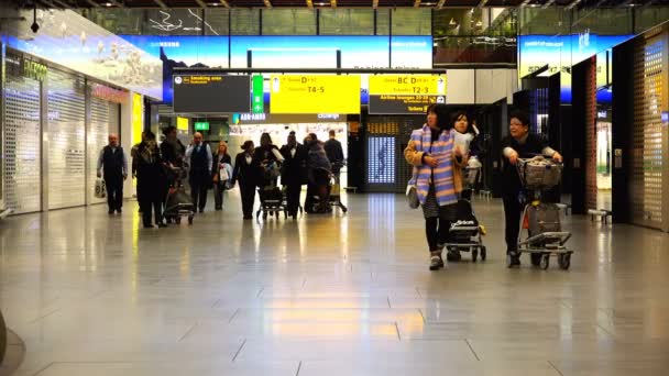 国際空港の区域の個人の荷物を持っての観光客 — ストック動画