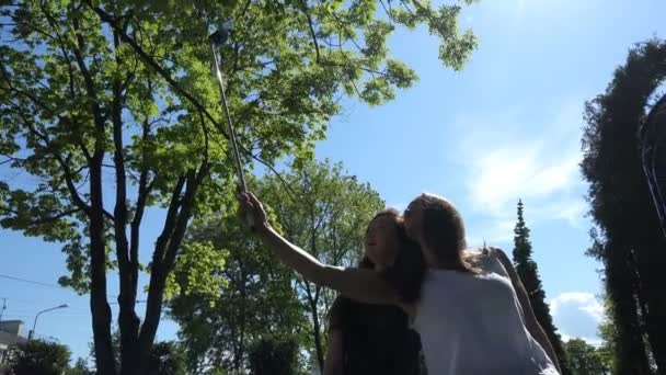 Молоді дівчата з ентузіазмом роблять селфі зйомки з мобільним телефоном в природі — стокове відео