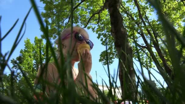 Una chica con gafas de sol se está comiendo un paraguas bajo el seno de los árboles del parque — Vídeo de stock