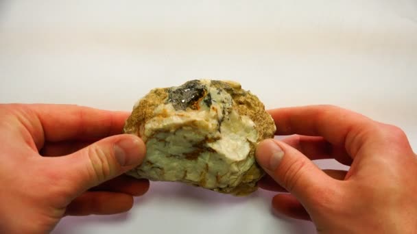 Una piedra mineral con vetas giros en las manos de un especialista — Vídeos de Stock