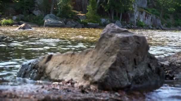 Νερό στη λίμνη πλένει πέτρα στην ακτή — Αρχείο Βίντεο