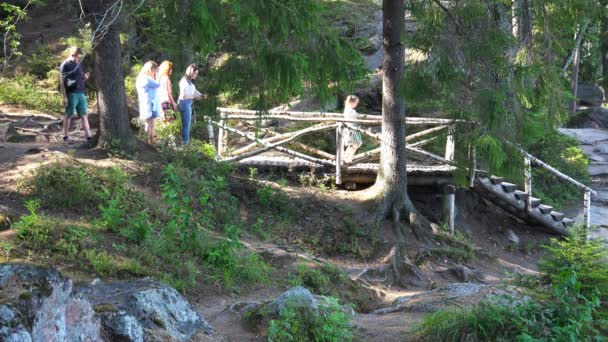 Turistas se revezam andando ao longo de uma ponte de madeira com passos — Vídeo de Stock