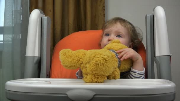 Bir çocuk mutlu öper ve sevgili bir oyuncak ayı sarılarak — Stok video