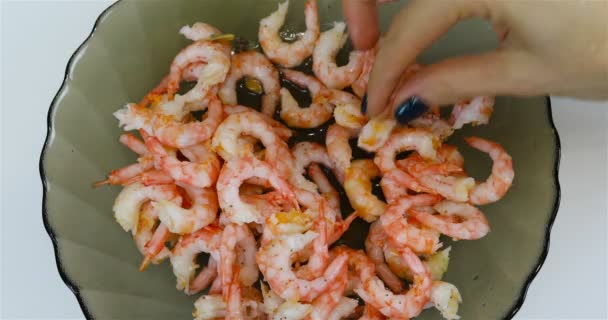 Girls Take Shrimps Glass Plate Hands — Stock Video