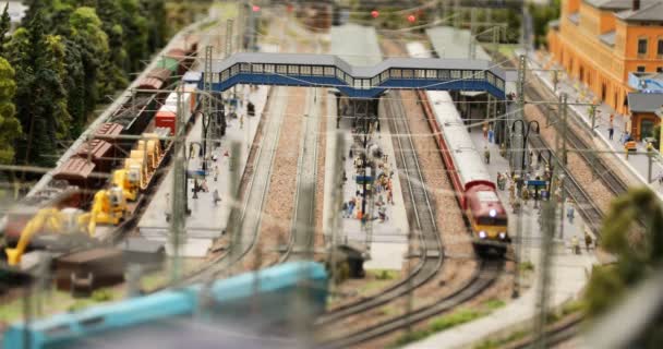 Движение пассажирских и грузовых поездов на железнодорожном вокзале — стоковое видео