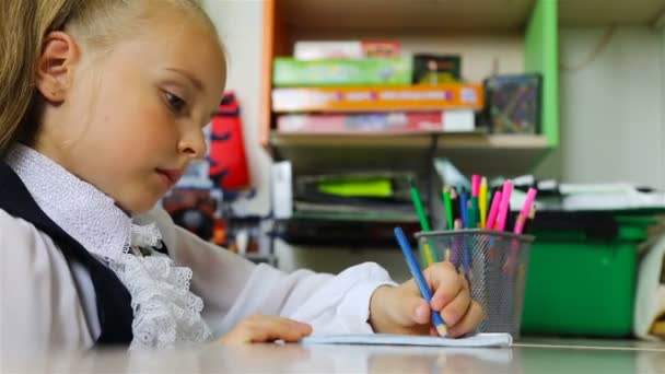 La fille écrit le texte avec un crayon bleu avec sa main gauche. Plan rapide — Video