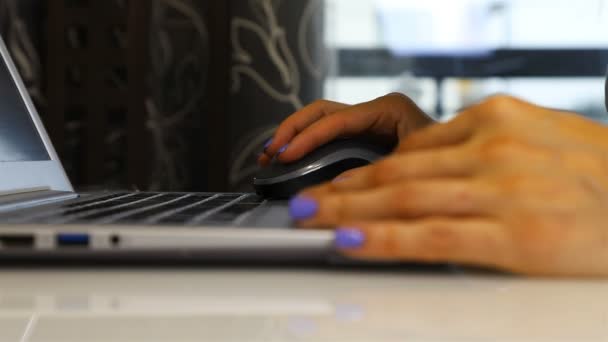 Ένα κορίτσι με ένα ποντίκι υπολογιστή σαρώνει τις πληροφορίες σε ένα φορητό υπολογιστή — Αρχείο Βίντεο