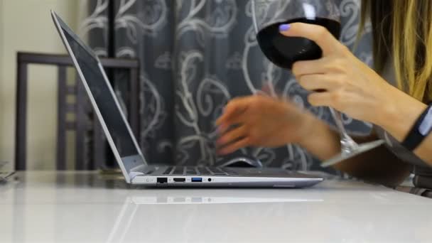 Segurando um copo de vinho na mão direita, a menina com a mão esquerda está digitando em um laptop — Vídeo de Stock