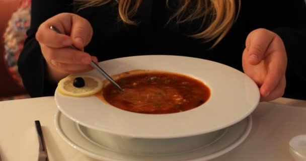 La crema agria se mezcla en el tazón de sopa con la cuchara — Vídeos de Stock