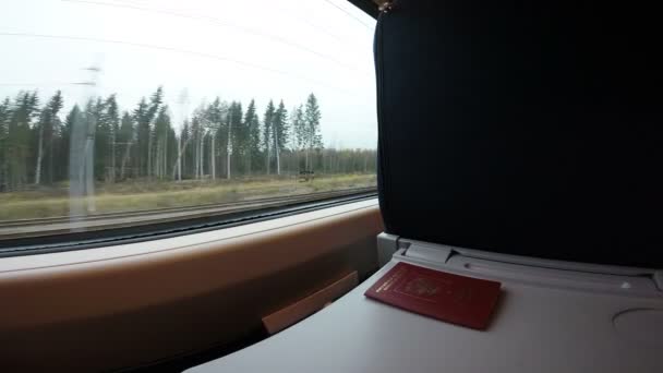 Het paspoort is liggend op de tafel in de trein — Stockvideo