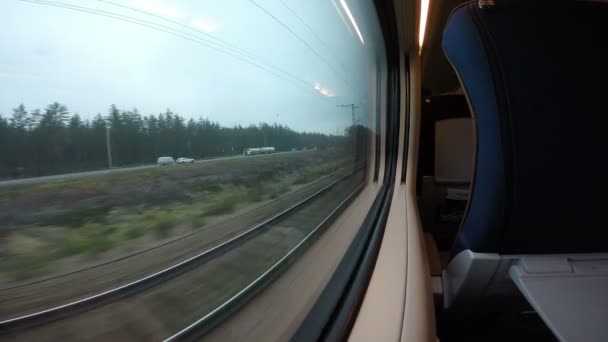 La vue depuis la fenêtre dans le cours du train. Prise de vue à fort mouvement — Video