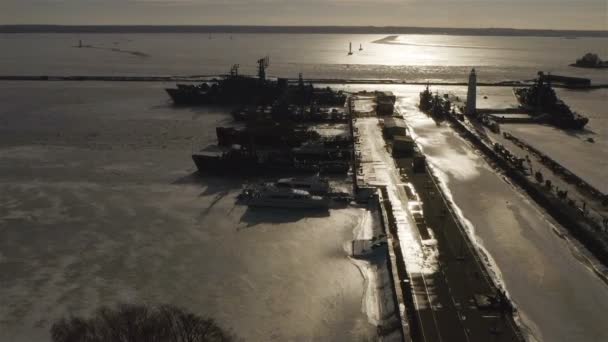 Top view of the sea port in the winter — Stock Video