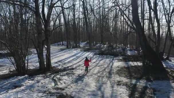 Chica caminando en el camino en el bosque de invierno — Vídeos de Stock