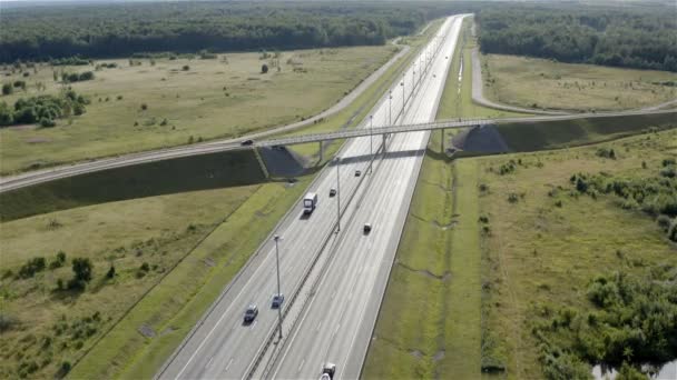 El transporte se mueve en una carretera bajo un puente — Vídeos de Stock