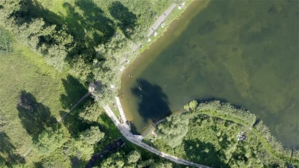 En un pequeño lago verde la gente nada y se sienta cerca de la orilla — Vídeo de stock