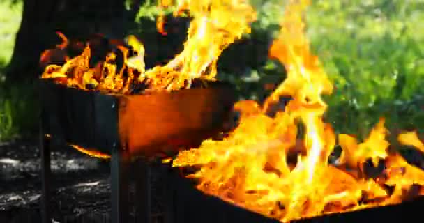 V ohřívačích hoří uhlíky jasně žlutým plamenem — Stock video
