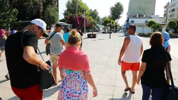 Μια ομάδα ανθρώπων πηγαίνουν στον προορισμό τους με καλοκαιρινή στολή με ηλιόλουστο καιρό — Αρχείο Βίντεο