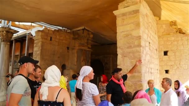 La guida fornisce informazioni storiche a un gruppo di turisti prima di visitare un luogo storico — Video Stock