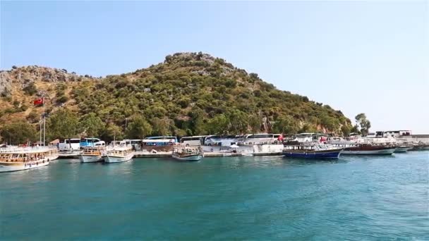 Gezi otobüsleri turistleri tekne gezileri için rıhtıma getirdi. — Stok video