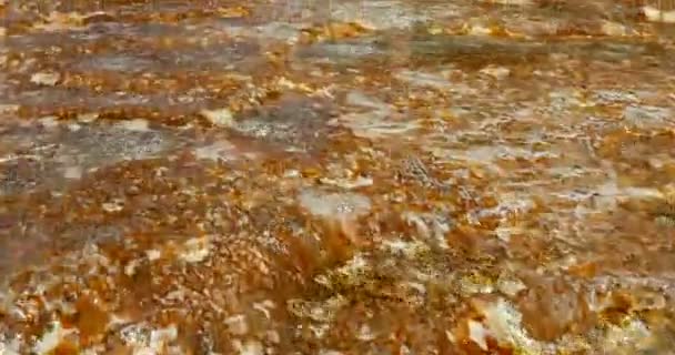 Górska woda przepływa przez trawertyny, teksturowane tło — Wideo stockowe
