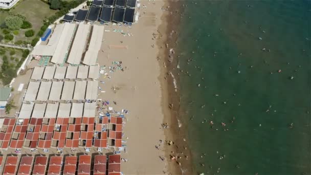 Los turistas se relajan en la playa de la orilla del mar y tomar el sol en las tumbonas — Vídeos de Stock