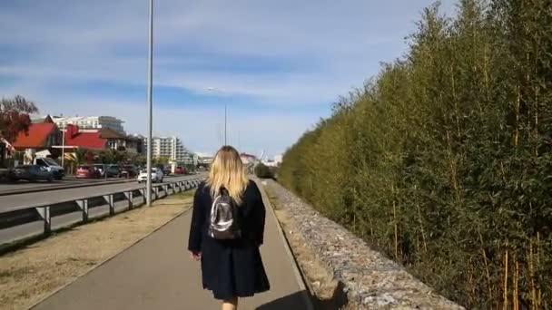 Молодая девушка гуляет одна по улицам Сочи — стоковое видео