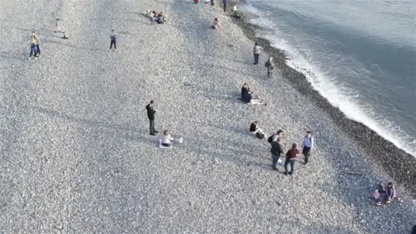 Turistas calorosamente vestidos admirar as ondas do mar — Vídeo de Stock