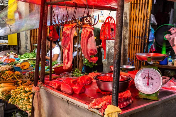 Bangkok Thailand Mei 2018 Rauw Vlees Blootgesteld Een Straatmarkt Centraal — Stockfoto