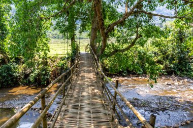 Muong Ngoi, Laos - 10 Nisan 2018: Laos yeşil kırsalında bir nehir ahşap köprü